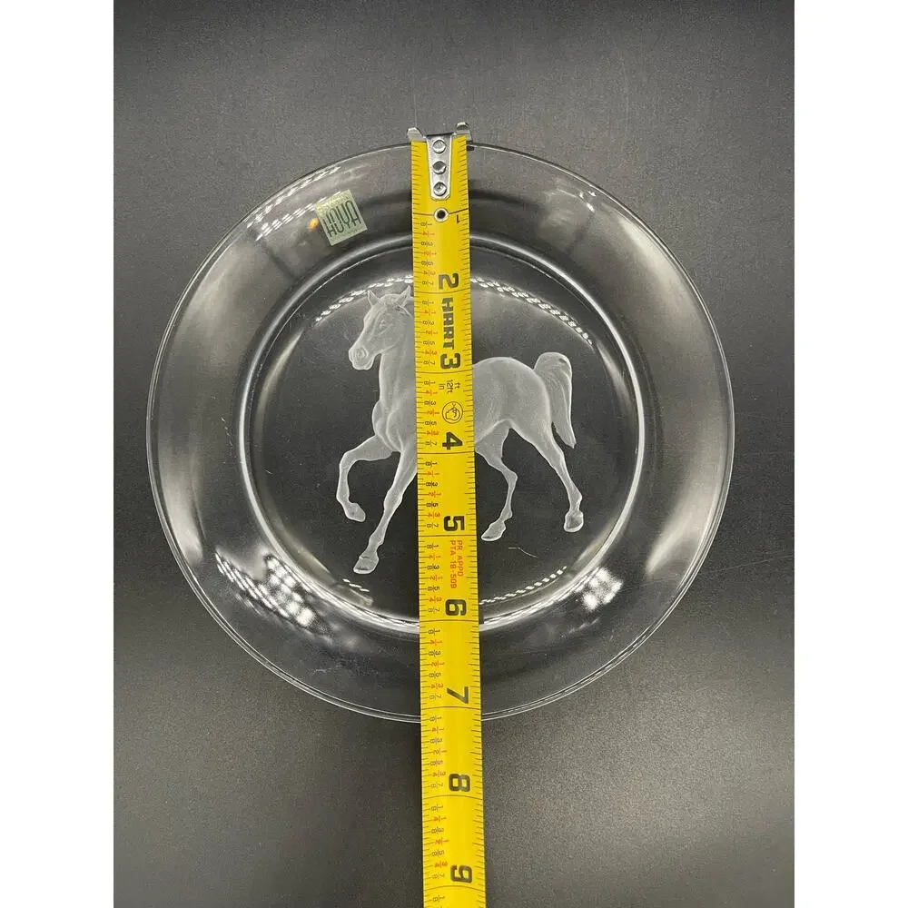 Hoya Crystal Art Engraved Horse Equestrian Intaglio Glass Plate 7.25